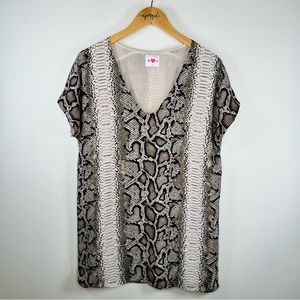 Buddy Love Snake Skin Print Short Sleeve V-Neck Shift Dress Black Brown Size XS